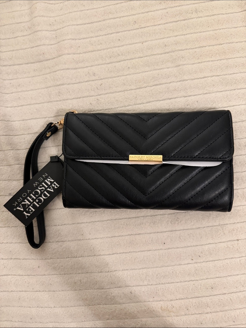 Badgley Mischka Black Quilted Wristlet with Gold Accent